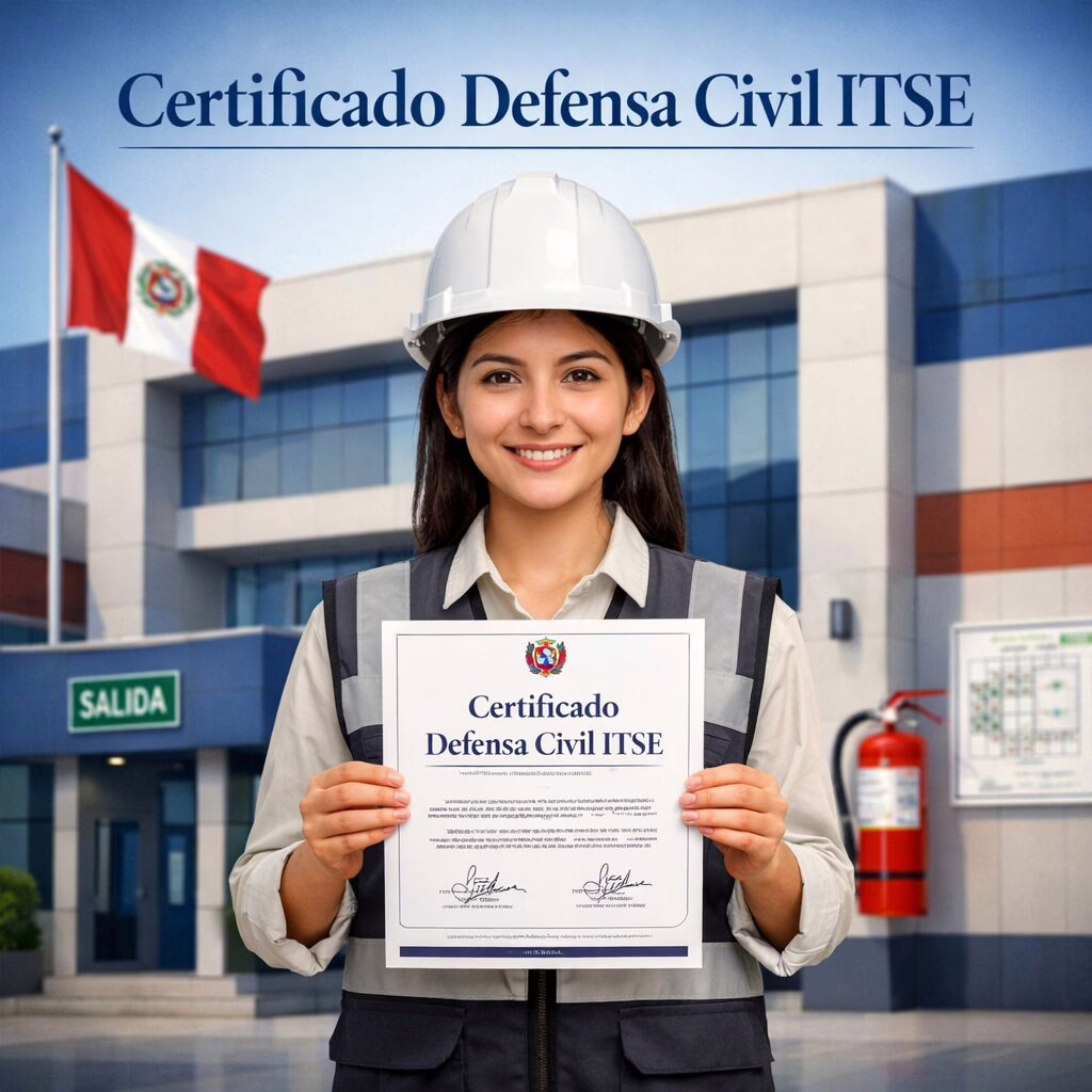 Arquitecta mostrando Certificado Defensa Civil ITSE aprobado frente a edificio municipal con señalización de seguridad.