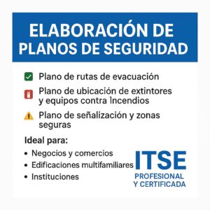 Infografía del servicio de Elaboración de Planos de Seguridad de ITSE, con íconos de evacuación, extintores y señalización.