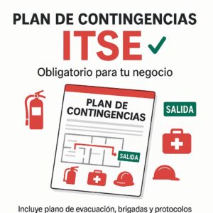 Ilustración del Plan de Contingencias ITSE con íconos de extintor, salida de emergencia, botiquín y plano de evacuación, destacando su obligatoriedad para negocios.