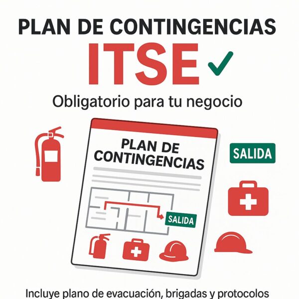 Ilustración del Plan de Contingencias ITSE con íconos de extintor, salida de emergencia, botiquín y plano de evacuación, destacando su obligatoriedad para negocios.